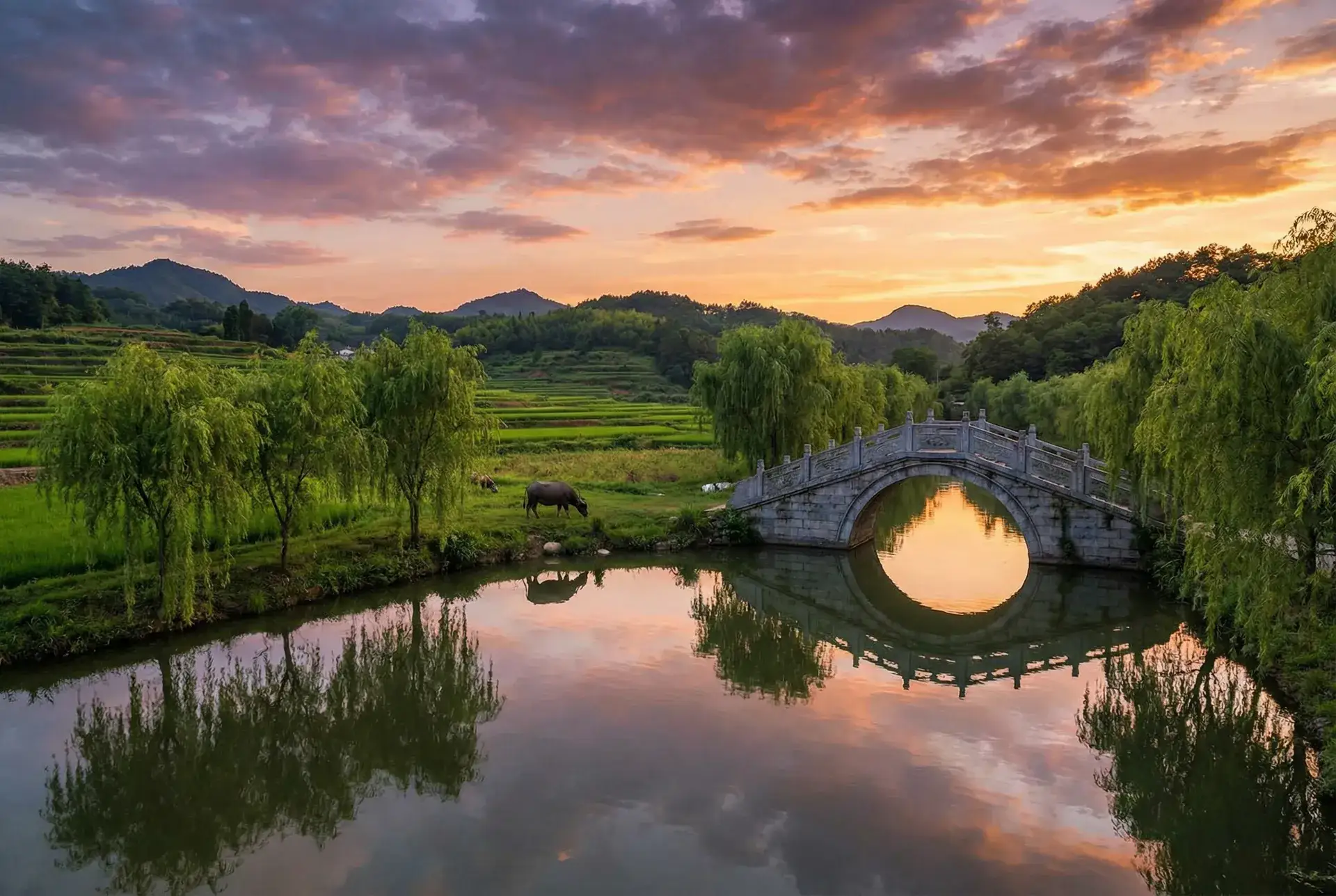 夕阳下的石拱桥与垂柳，水牛在河边吃草 - 色老猫 乡村美景